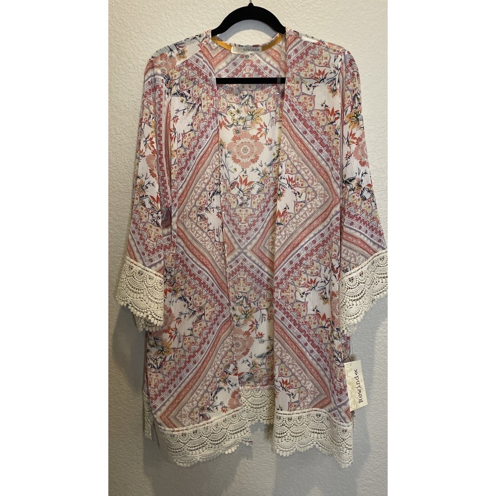 Rewind Womens XXL Kimono Cardigan Pink Paisley Floral Crochet Lace NEW Boho Chic